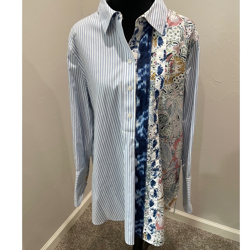 Chicos No Iron Striped Floral Mixed Media Button Down Shirt Blue White Size 2